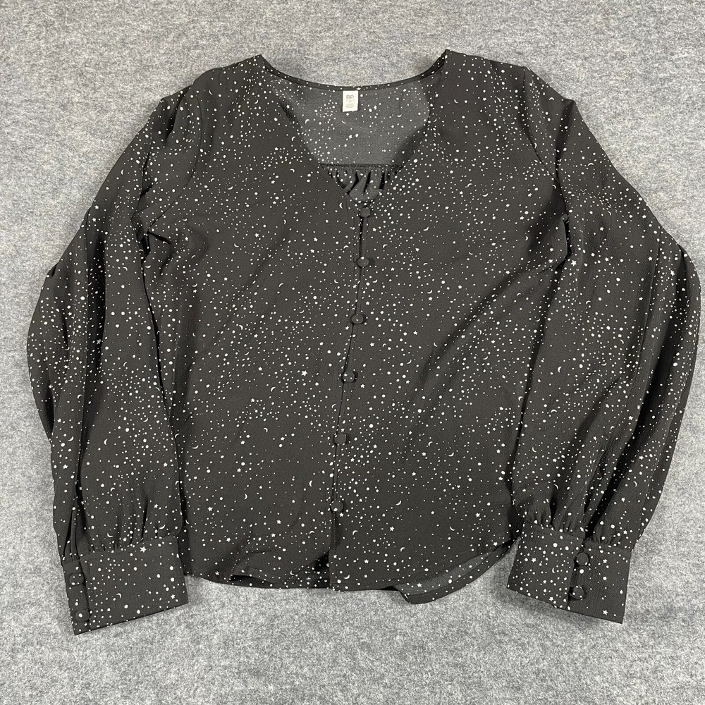 Nordstrom BP Top Womens Medium Black Button Up AOP Stars Moon Oversized NWT $49